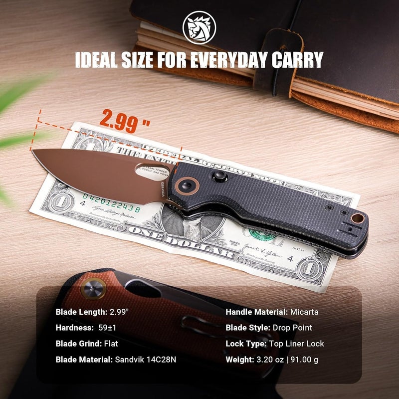 Vosteed Porcupine - EDC Pocket Knife, 2.99’’ 14C28N Steel Rose Gold Blade, Top Liner Lock Micarta Handle - Lightweight Folding knives with Clip for Men & Women Camping Outdoor-A2602 - Image 2